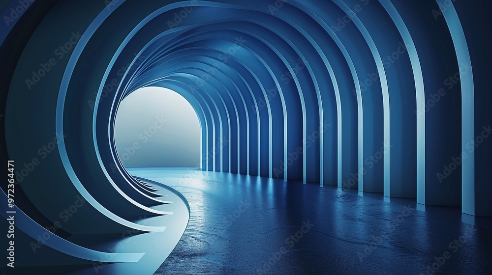 Poster a serene blue tunnel with smooth curved walls, creating a sense of depth and tranquility. ideal for 