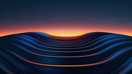A serene abstract landscape featuring soft, undulating waves against a twilight horizon with vibrant sunset colors. Product presentation background.