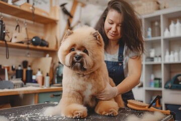 Haircut and combing of a dog by a female specialist. Professional grooming, pet care.