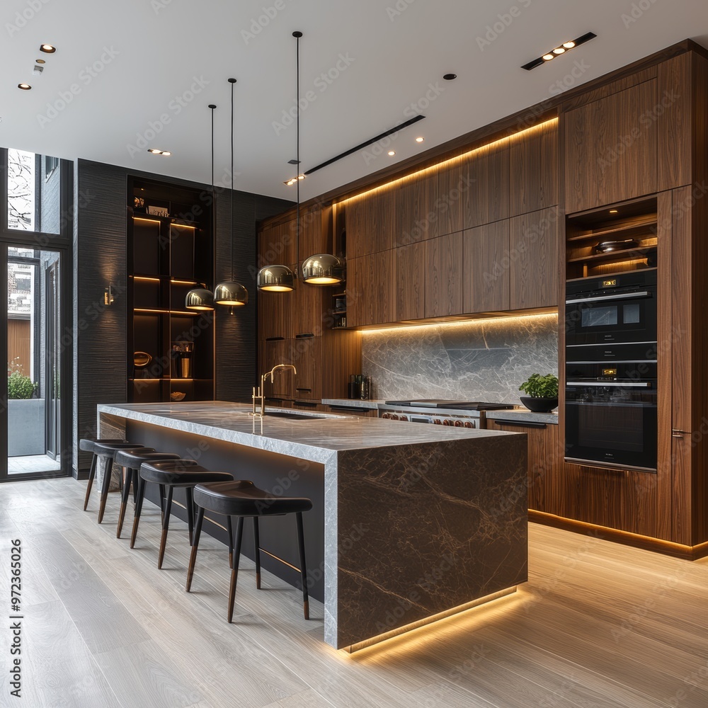 Wall mural modern kitchen island with marble countertop and walnut cabinets