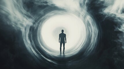  A man stands in the center of an infinite white void, with swirling vortices around him, creating an otherworldly atmosphere
