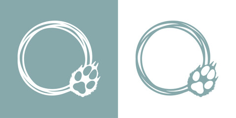 Logo vida salvaje. Garras de lobo con pelaje. Silueta de pisada de lobo en marco circular con líneas © teracreonte