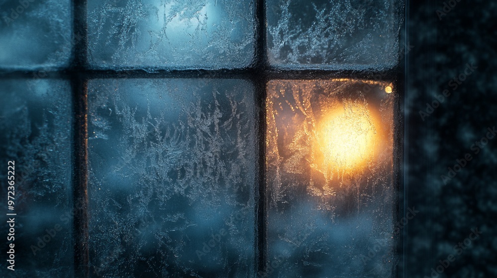 Poster frost-covered window with a foggy, diffused light shining through, creating a textured, ethereal eff