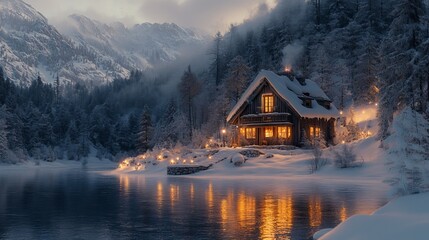 Obraz premium Snow-covered cottage in the mountains, with warm lights glowing from the windows, surrounded by a serene winter landscape. 4K hyperrealistic photo.