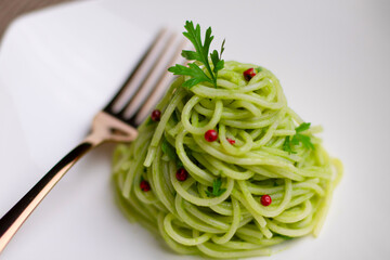 Spaghetti Noodle Tree with Green Sauce and Red Pepper Seeds, Noodle Christmas Tree