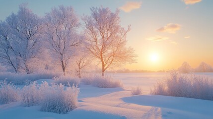 Naklejka premium Winter sunrise illuminating a snowy landscape, with the first light of day reflecting off the frost-covered trees and fields. 4K hyperrealistic photo.