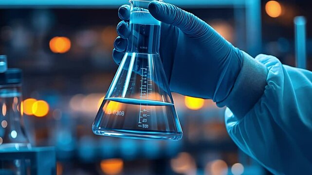 A scientist's hand holding a flask filled with lab glassware in a chemical lab, with scientific lab equipment in the backdrop