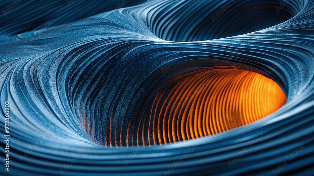 Poster a stunning abstract pattern featuring smooth waves of blue and vibrant orange, creating a sense of d