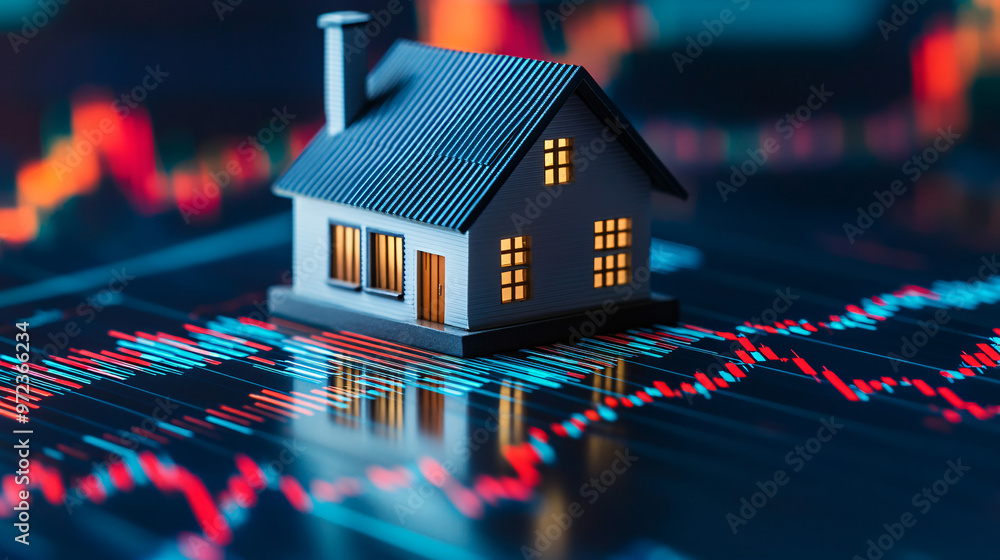 Aufkleber tiny house is displayed on a digital screen featuring live stock market charts with red and blue can