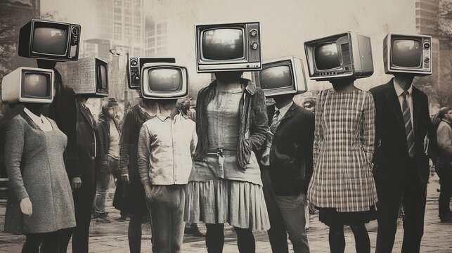 Contemporary art collage. Group of people with retro tv heads standing like zombie. Blind following, disinformation. Concept of censorship, mass media influence