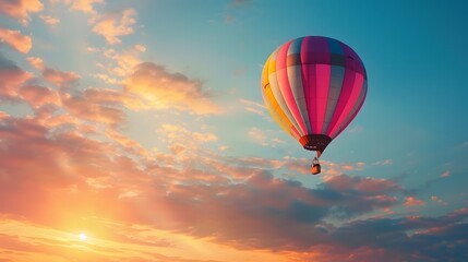 Naklejka premium Hot Air Balloon at Sunrise: A vibrant hot air balloon floating gracefully in the sky at sunrise. 