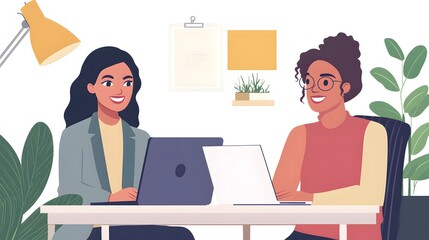 Two Women Working Together at a Desk with Laptops