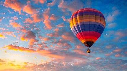 Obraz premium Hot Air Balloon at Sunrise: A vibrant hot air balloon floating gracefully in the sky at sunrise. 