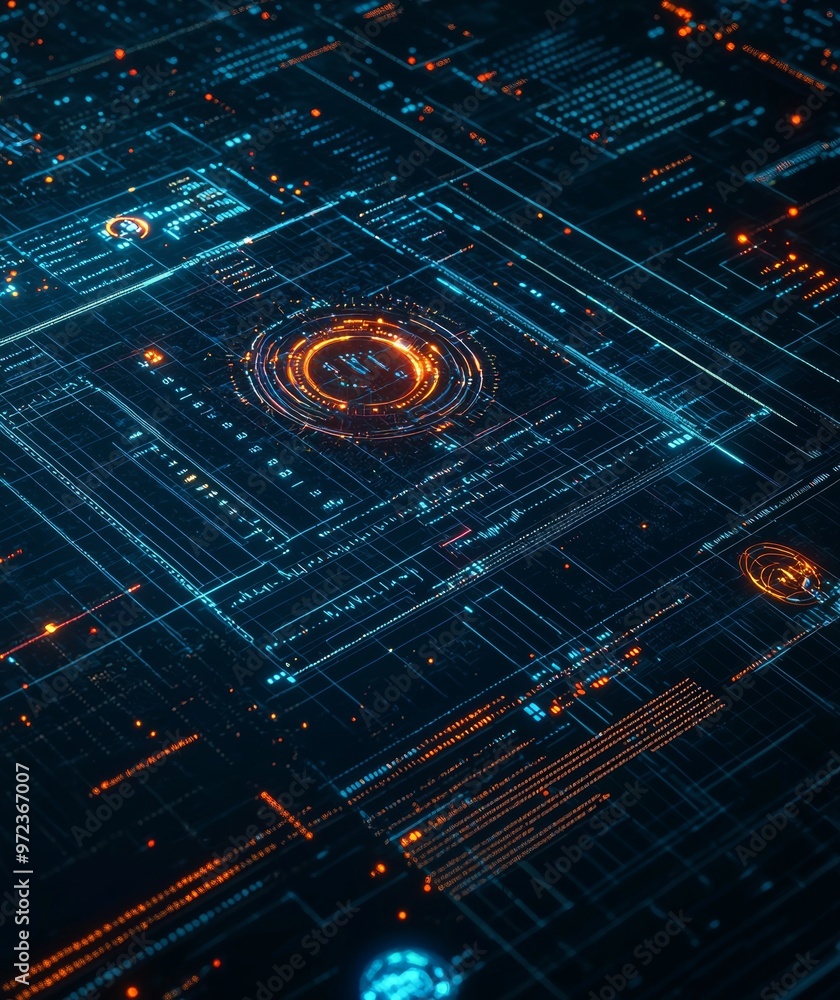 Poster A 3D graphic illustration with an abstract background and data points interconnected by binary surfaces.