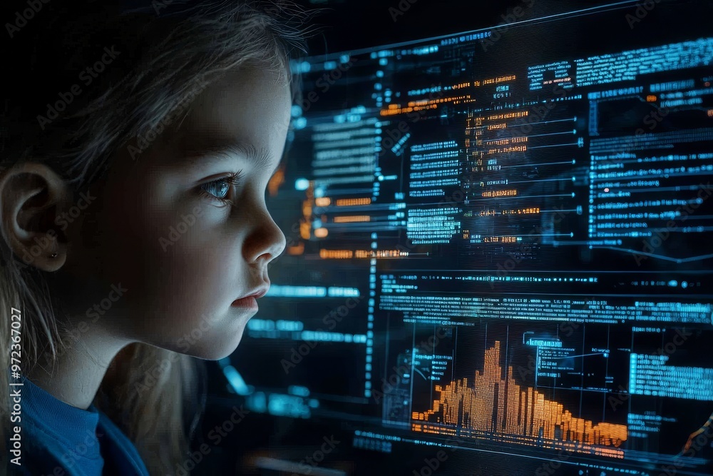 Poster the image shows a child playing with the augmented reality system on a futuristic processor. tv conc