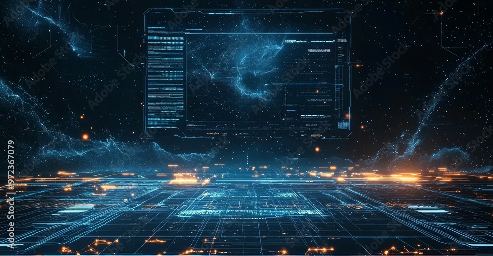 Poster Digital grid and particles in an abstract cyber technology environment background. 3D illustration.