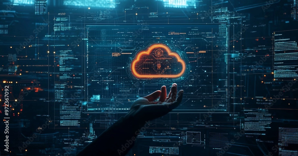 Fototapete A view of the cloud computing concept with hands holding protected data and a sunset city background. Network connection. Big data and online storage.