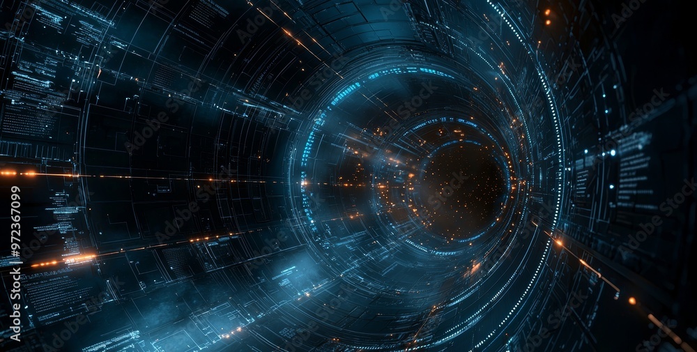 Poster Animated and abstract tunnel, corridor with rays of light and new highlights. Blue background with neon. Scene with rays and lines, night view, round arch, light in motion.