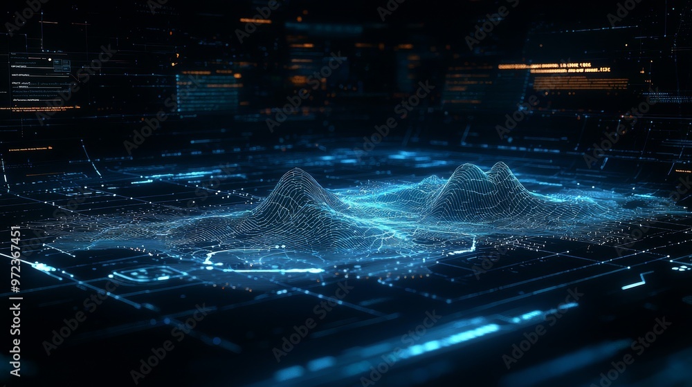 Poster cyber technical wave sound. purple tech background. network purple technology background. big data n