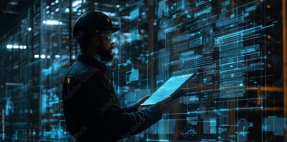 Poster managing warehouses with innovative internet of things technology to identify and track packages. fu