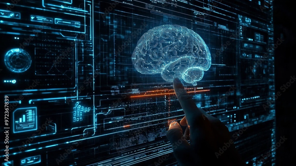 Poster Future robot stock illustrating AI technology development and machine learning. Robotic bionic science research for the future of human life in 3D rendering.