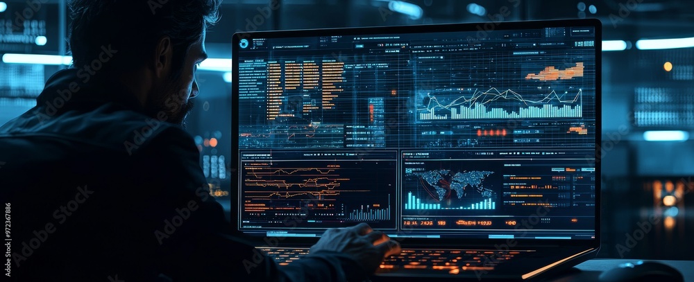 Poster A businessman working with a laptop computer and big data, connected to the global internet. Data science, Business and Stock AI, Digital Technology concepts.