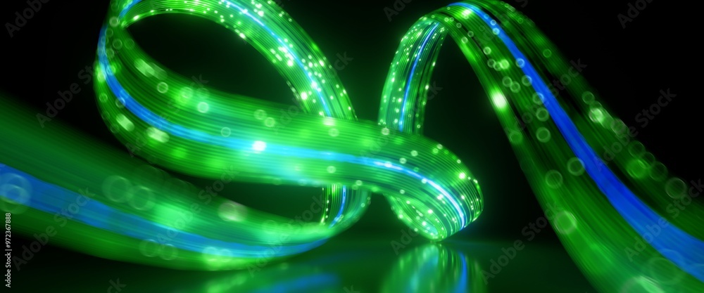 Poster 3d render. abstract blurry background of curvy ribbon with glowing neon lines.unfocussed motion lase