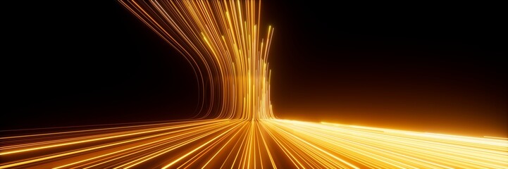 3d render, abstract neon wallpaper. Yellow glowing lines over black background. Streaming energy