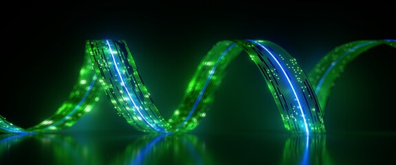 3d render. Abstract blurry background of spiral ribbon with glowing neon lines.Unfocussed motion laser beam moving fast. Light path trajectory © NeoLeo
