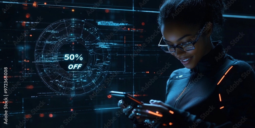 Poster global tech with black woman at night for information technology, research, or digital jobs. iot, sm
