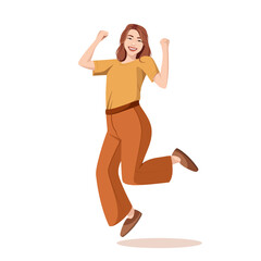 A satisfied woman rejoices and celebrates the victory. A happy, successful person jumps for joy. Vector illustration on a white background. Cartoon style.