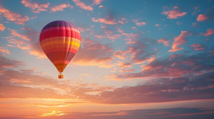 Obraz premium Hot Air Balloon at Sunrise: A vibrant hot air balloon floating gracefully in the sky at sunrise. 
