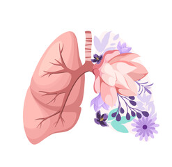 Human lungs are decorated with flowers. The concept of respiratory health. Vector illustration.