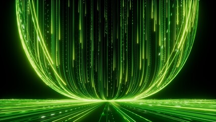 3d render, abstract wallpaper. Green neon lines over black background. Streaming energy. Particles moving and leaving glowing tracks