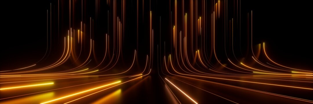 3d render. Abstract background of yellow neon lines ascending. Modern digital wallpaper. Streaming power