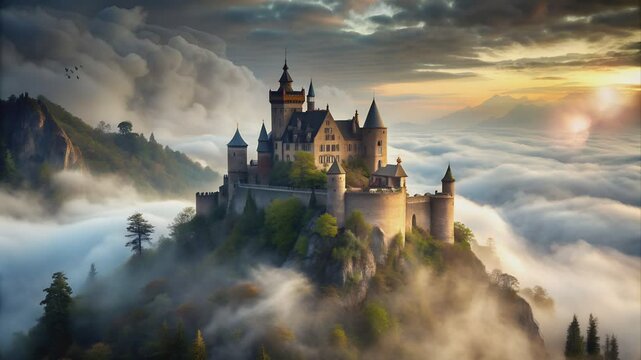 Majestic castle shrouded in mist atop a mystical mountain peak