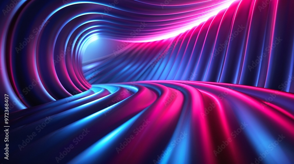 Poster a vibrant, futuristic tunnel with flowing waves of blue and pink light, creating a mesmerizing and d