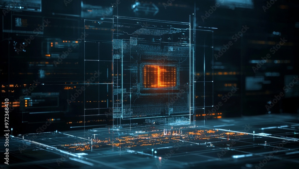 Poster The future of digital information technology web holograms with clouds, stock image