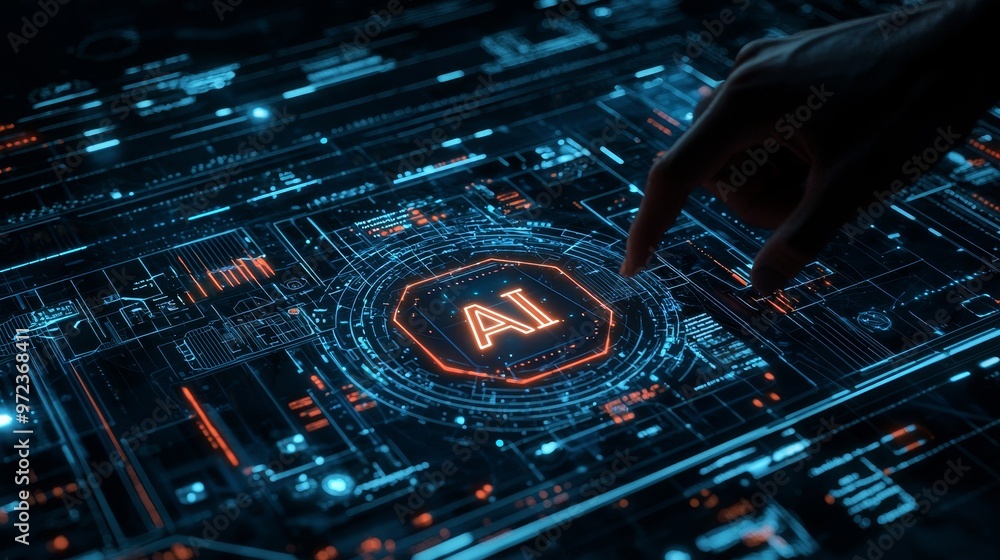 Fototapete The stock image is of an AI circuit board representing an electronic PCB circuit icon symbol on a businessman's hand touched by a cyberpunk neon cyberspace lighting. This is an innovative technology.
