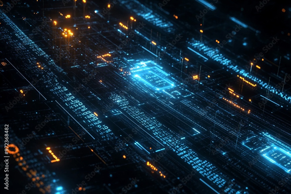 Poster The background of a computer screen is dominated by blue digital binary data