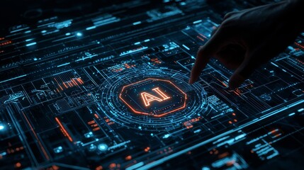 Obraz premium The stock image is of an AI circuit board representing an electronic PCB circuit icon symbol on a businessman's hand touched by a cyberpunk neon cyberspace lighting. This is an innovative technology.