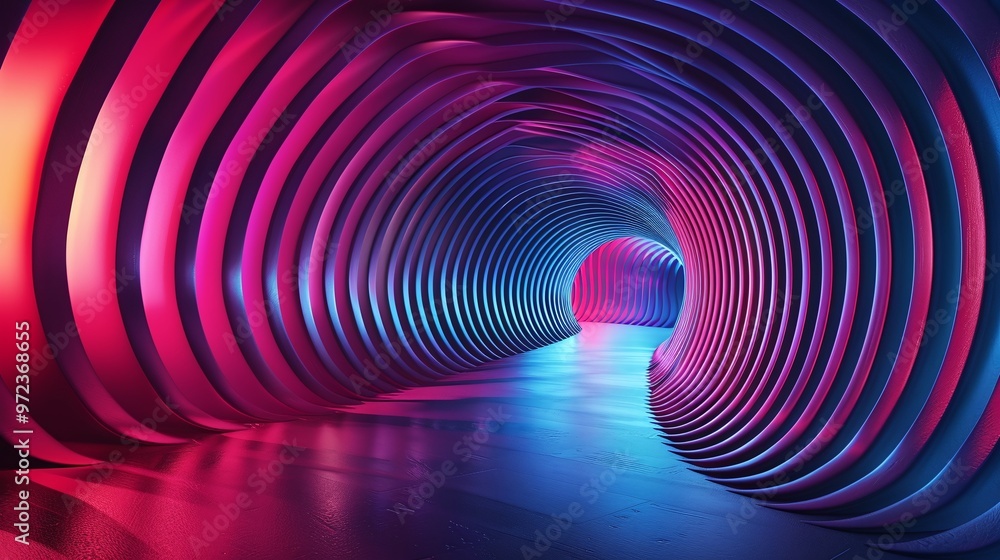 Poster a vibrant, futuristic tunnel with smooth curves and colorful lights creating a surreal atmosphere. p