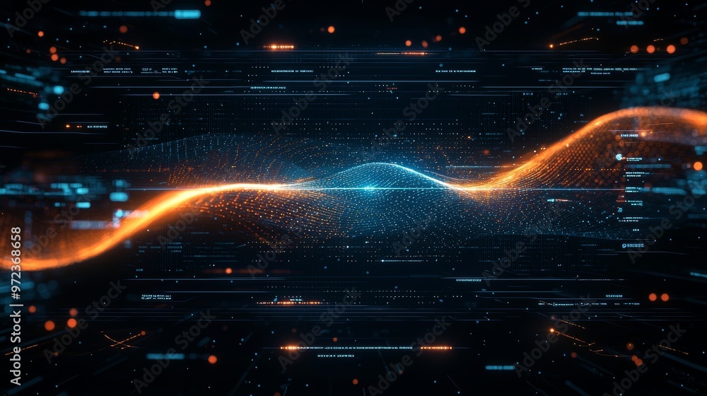 Poster Illustration of system data flow in a business artificial, intelligence cyber, internet communication system
