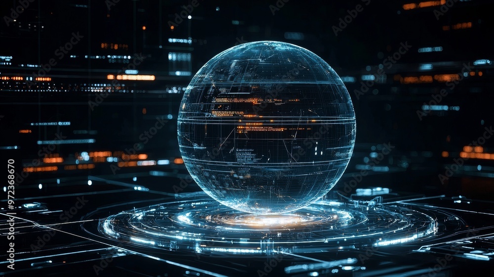 Poster Illustration of futuristic technology cyberspace. Information network of a data center. Abstract background blue wallpaper.