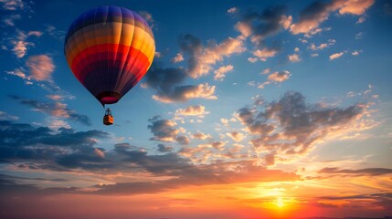 Fototapeta premium Hot Air Balloon at Sunrise: A vibrant hot air balloon floating gracefully in the sky at sunrise. 