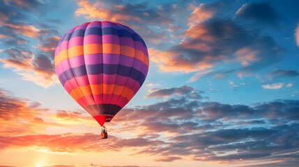 Fototapeta premium Hot Air Balloon at Sunrise: A vibrant hot air balloon floating gracefully in the sky at sunrise. 