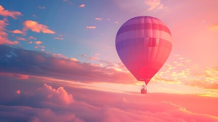 Obraz premium Hot Air Balloon at Sunrise: A vibrant hot air balloon floating gracefully in the sky at sunrise. 