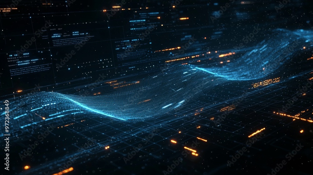 Aufkleber defining the direction with blue abstract lines against a tech background.