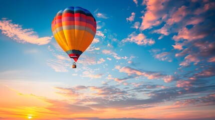 Fototapeta premium Hot Air Balloon at Sunrise: A vibrant hot air balloon floating gracefully in the sky at sunrise. 