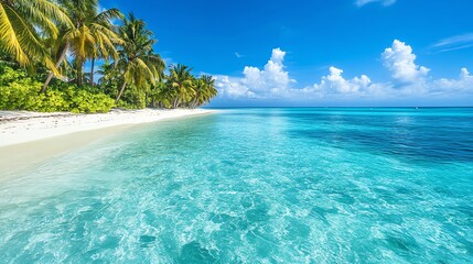 Fototapeta premium Stunning tropical beach with crystal clear water and lush palm trees.